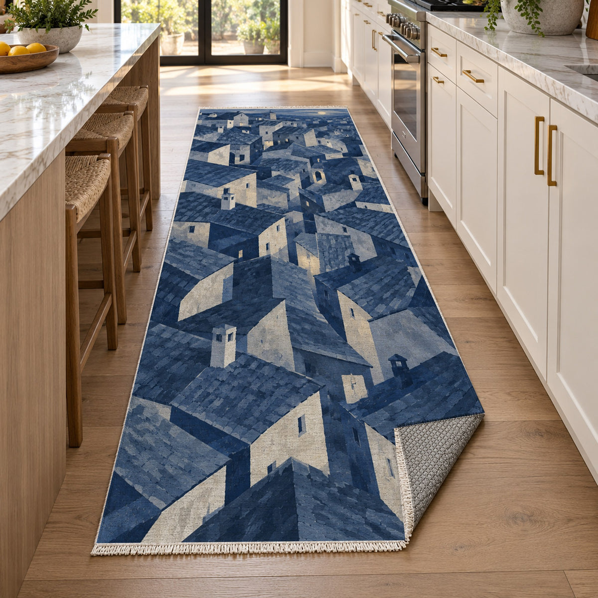 Rooftop Rhythm Indigo Modern Washable Rug — new york kitchen runner