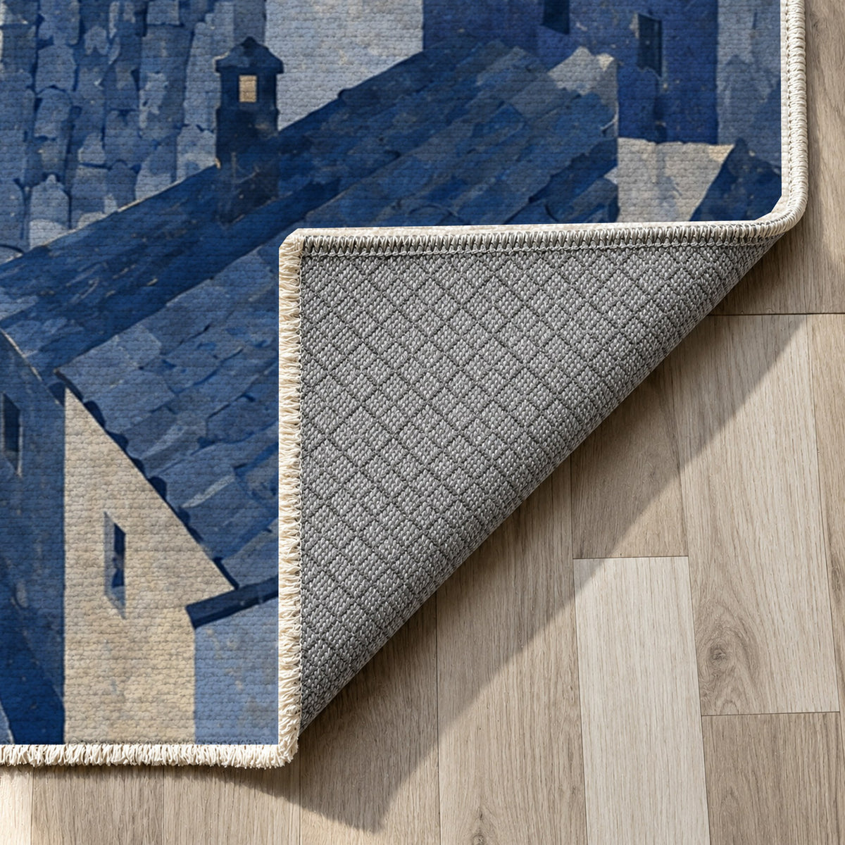 Rooftop Rhythm Indigo Modern Washable Rug — backing close up
