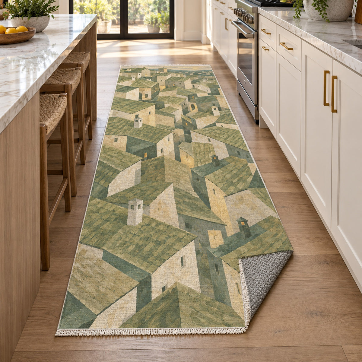 Rooftop Rhythm Sage Modern Washable Rug — new york kitchen runner