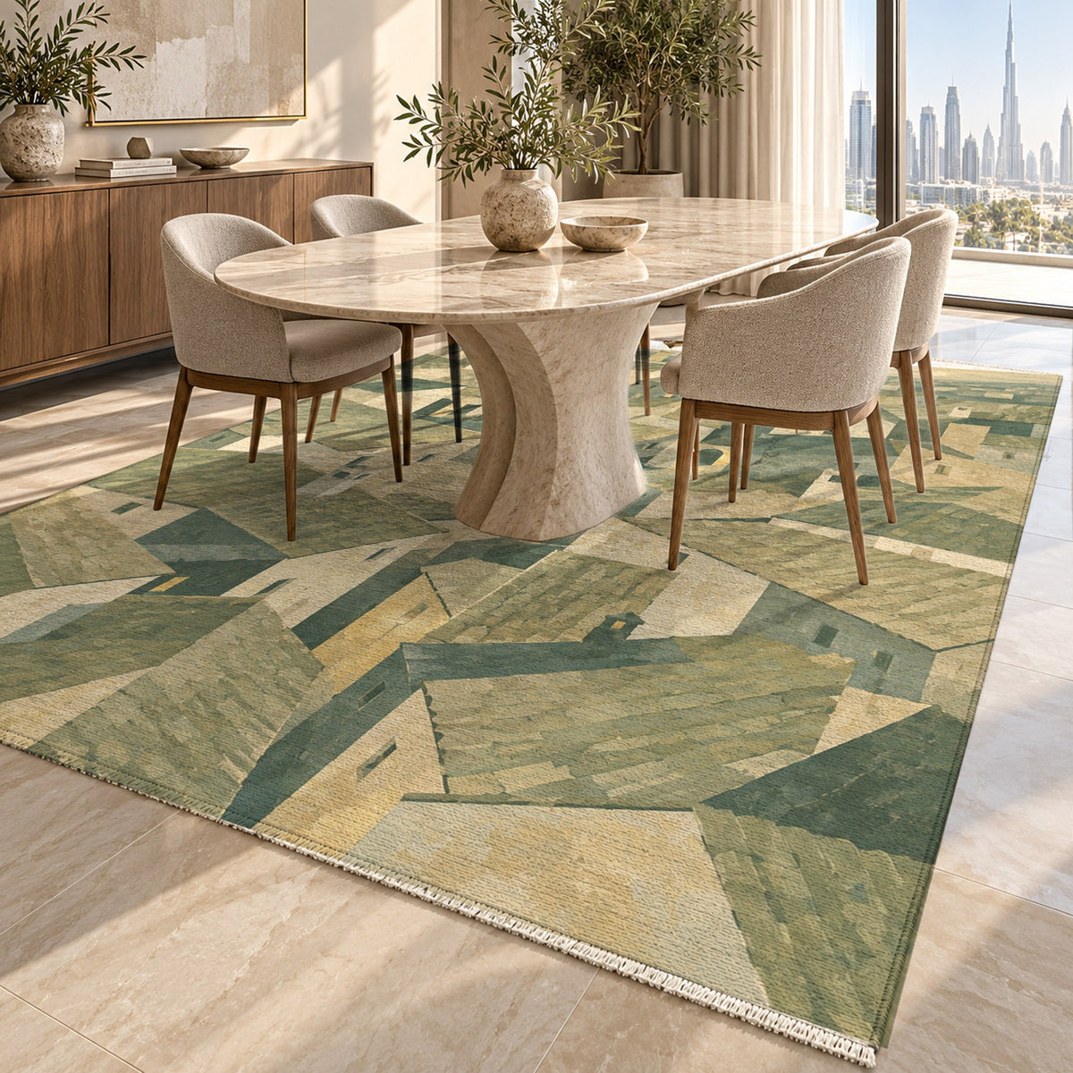 Rooftop Rhythm Sage Modern Washable Rug — dubai dining