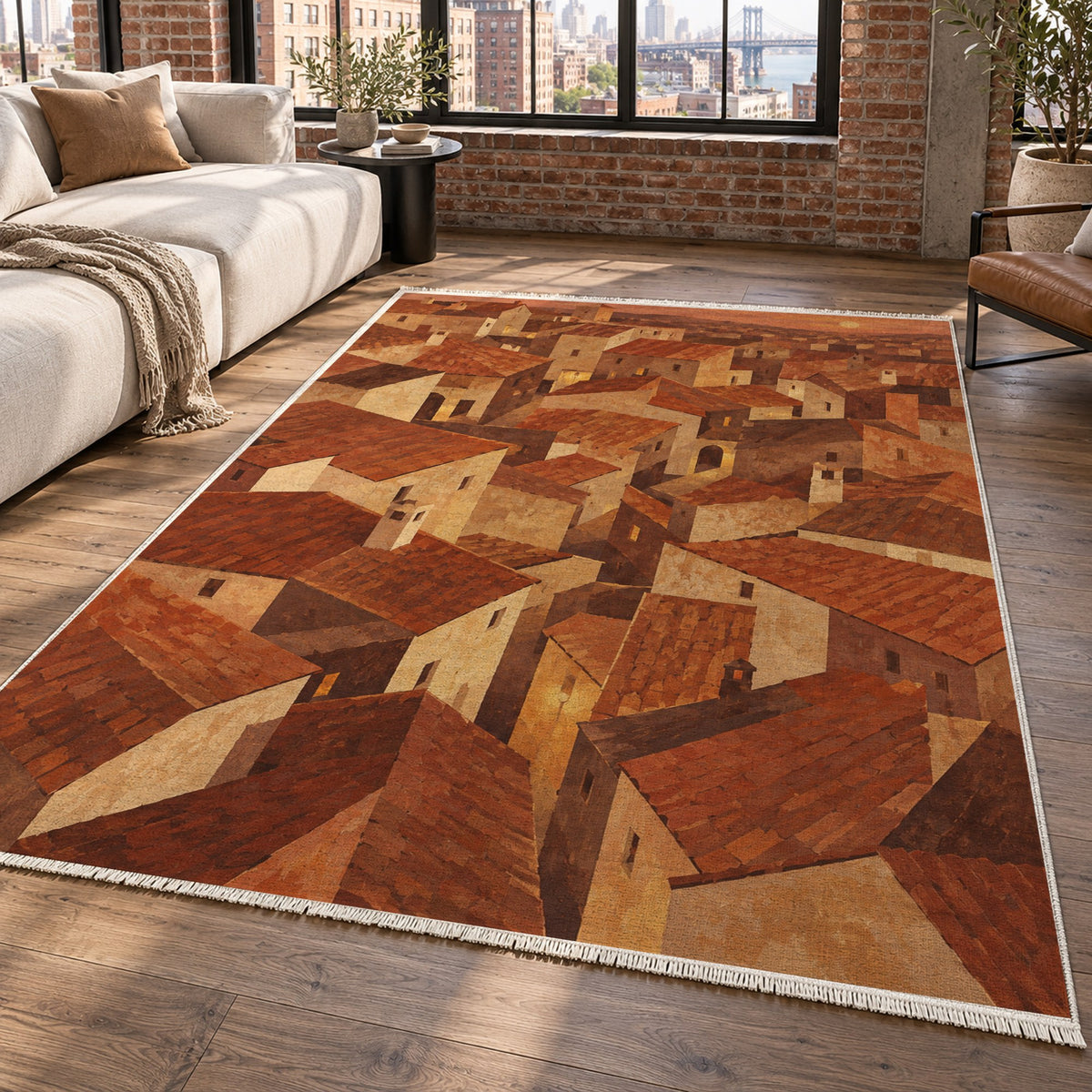 Rooftop Rhythm Terracotta Modern Washable Rug — new york living