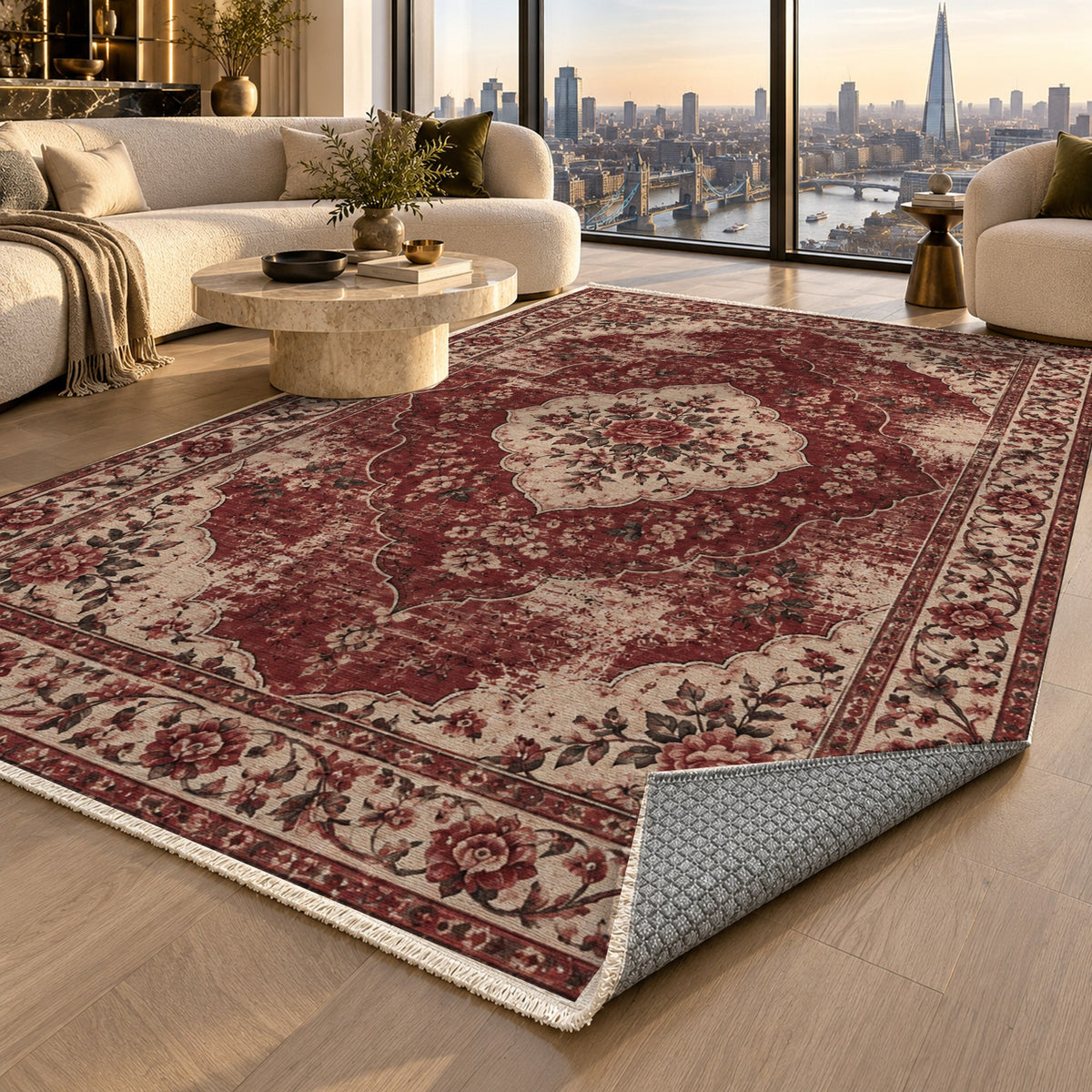 Rose Archive Burgundy Red Vintage Washable Rug — london luxury living