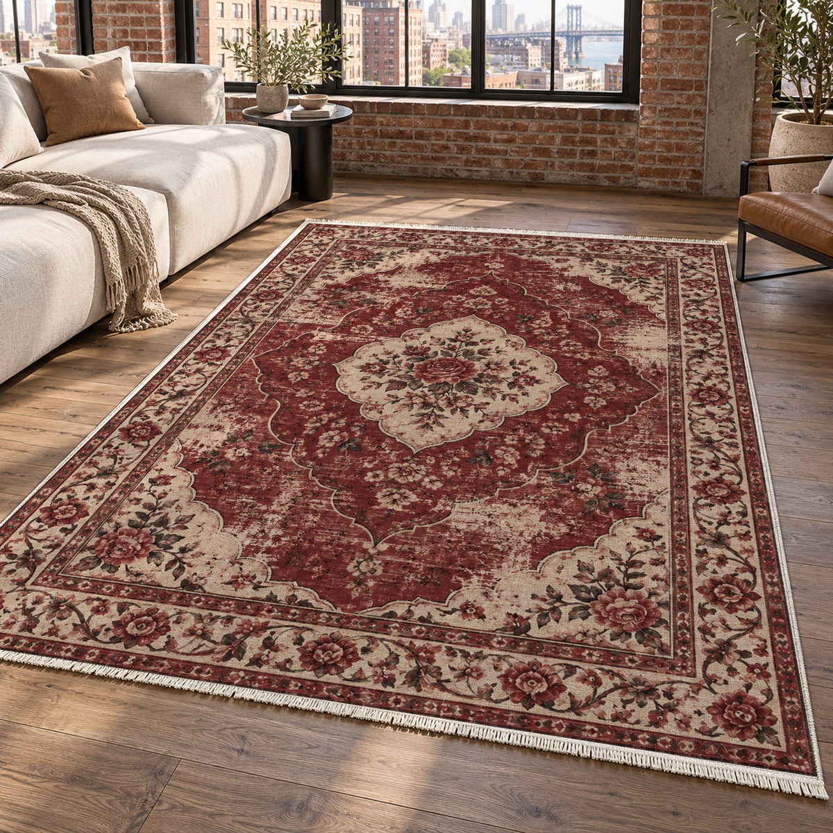 Rose Archive Burgundy Red Vintage Washable Rug — new york living