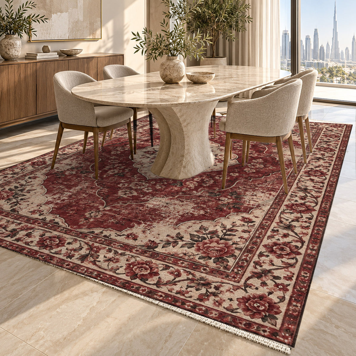 Rose Archive Burgundy Red Vintage Washable Rug — dubai dining
