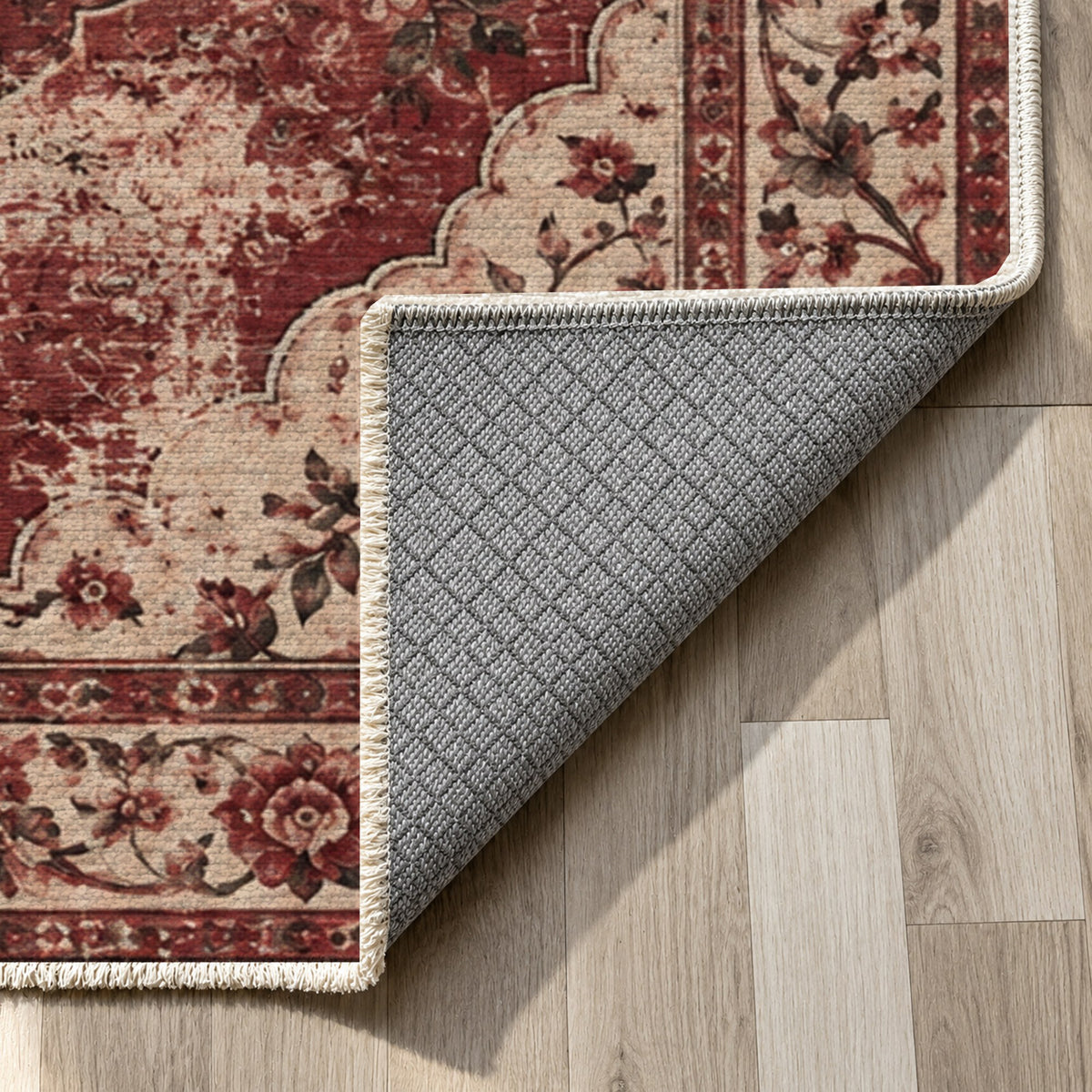 Rose Archive Burgundy Red Vintage Washable Rug — backing close up