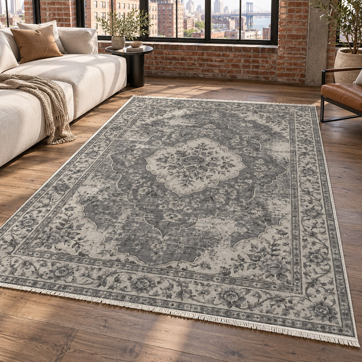 Rose Archive Charcoal Silver Vintage Washable Rug — new york living
