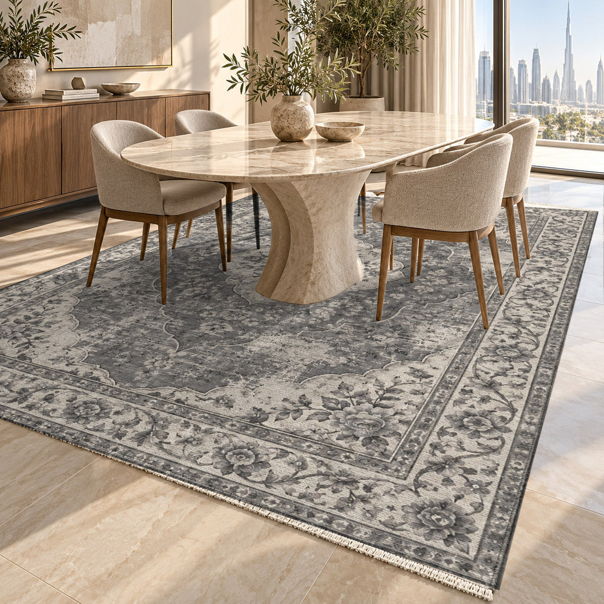 Rose Archive Charcoal Silver Vintage Washable Rug — dubai dining
