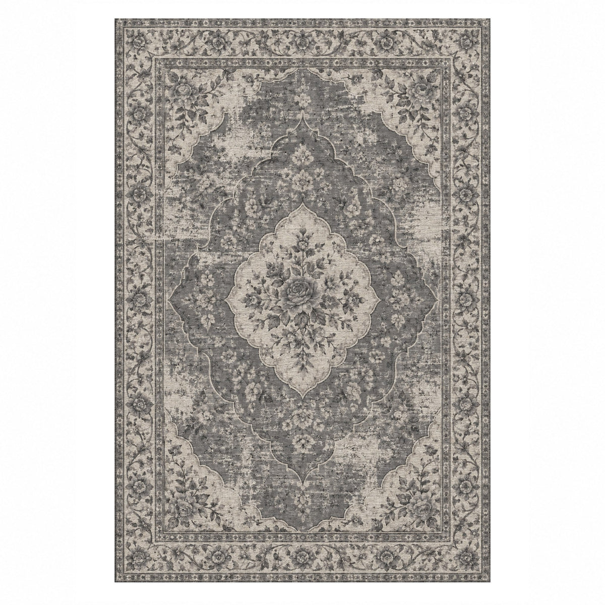 Rose Archive Charcoal Silver Vintage Washable Rug — top view