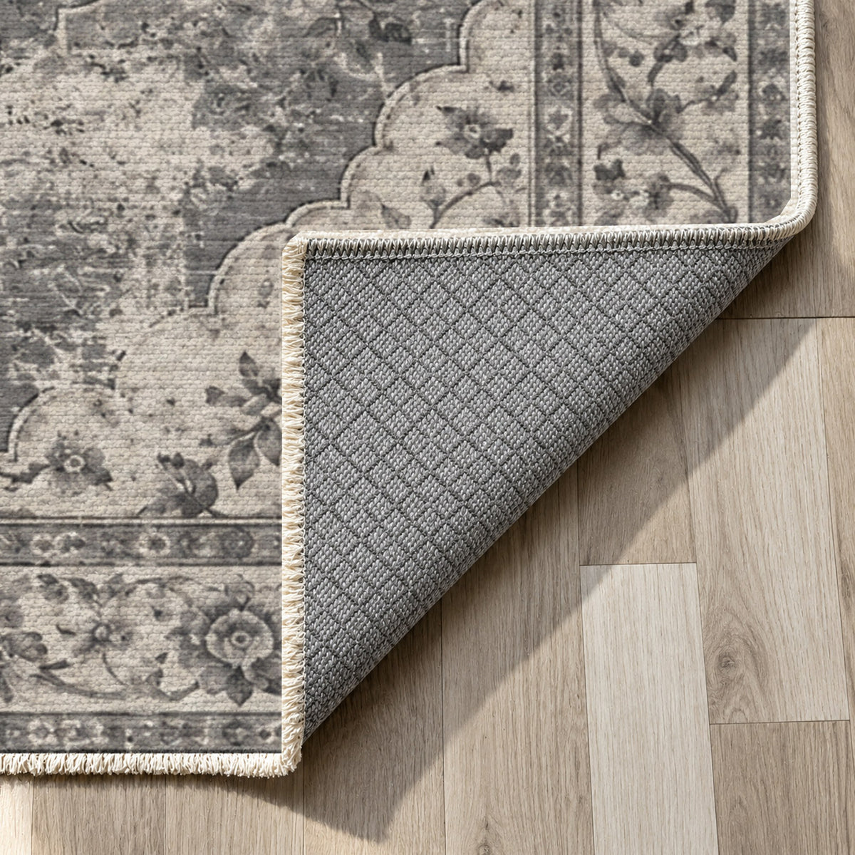 Rose Archive Charcoal Silver Vintage Washable Rug — backing close up
