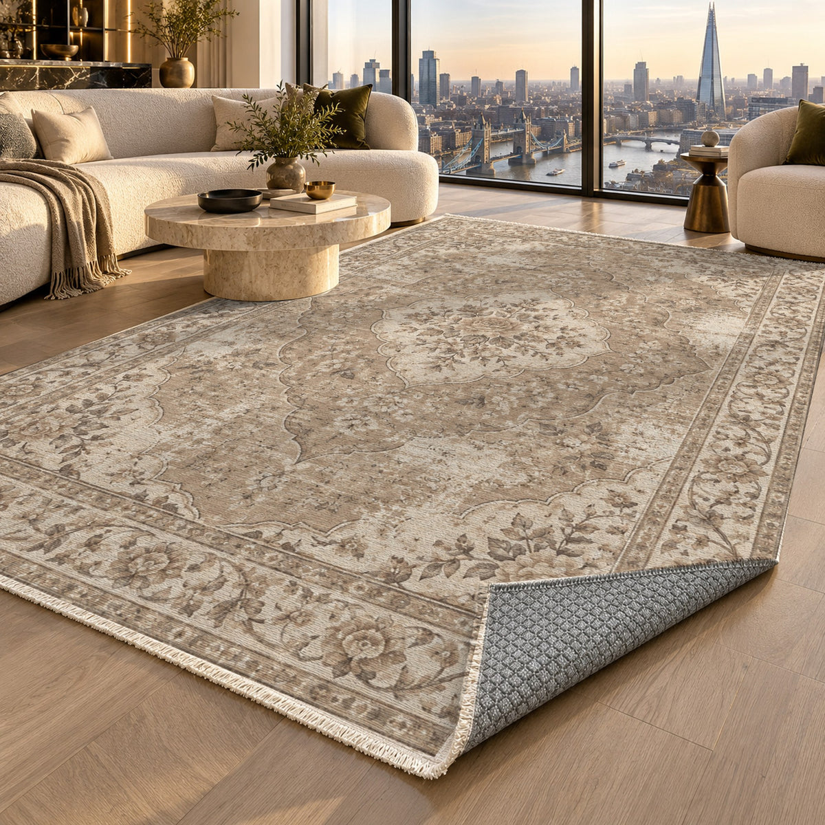 Rose Archive Ivory Taupe Vintage Washable Rug — london luxury living