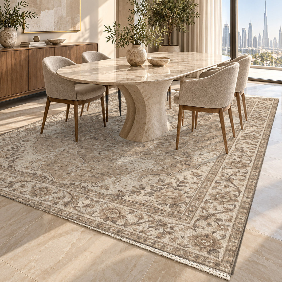 Rose Archive Ivory Taupe Vintage Washable Rug — dubai dining