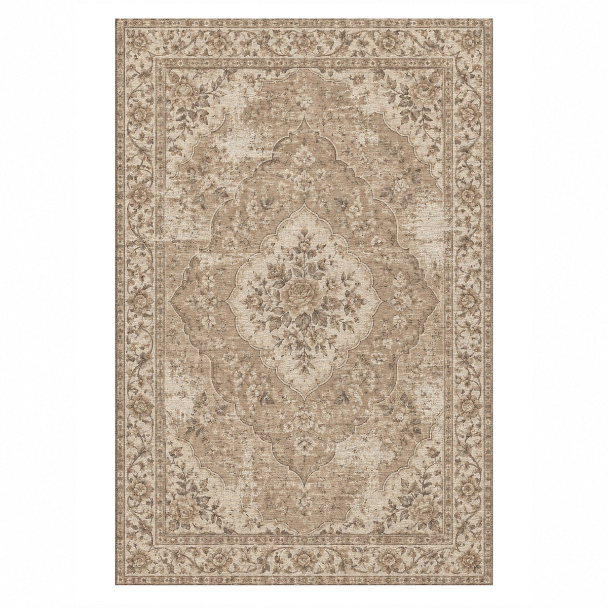 Rose Archive Ivory Taupe Vintage Washable Rug — top view