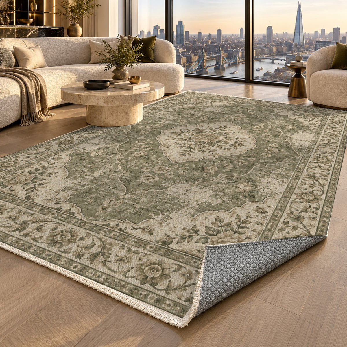 Rose Archive Olive Green Vintage Washable Rug — london luxury living