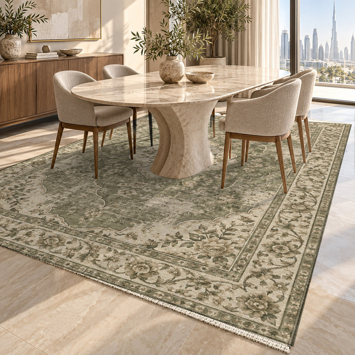 Rose Archive Olive Green Vintage Washable Rug — dubai dining