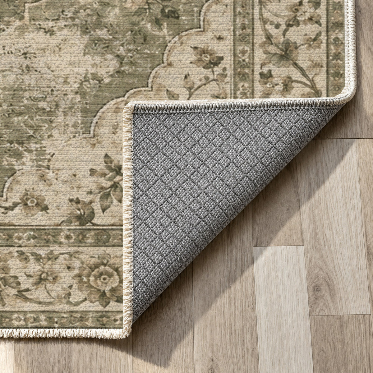 Rose Archive Olive Green Vintage Washable Rug — backing close up