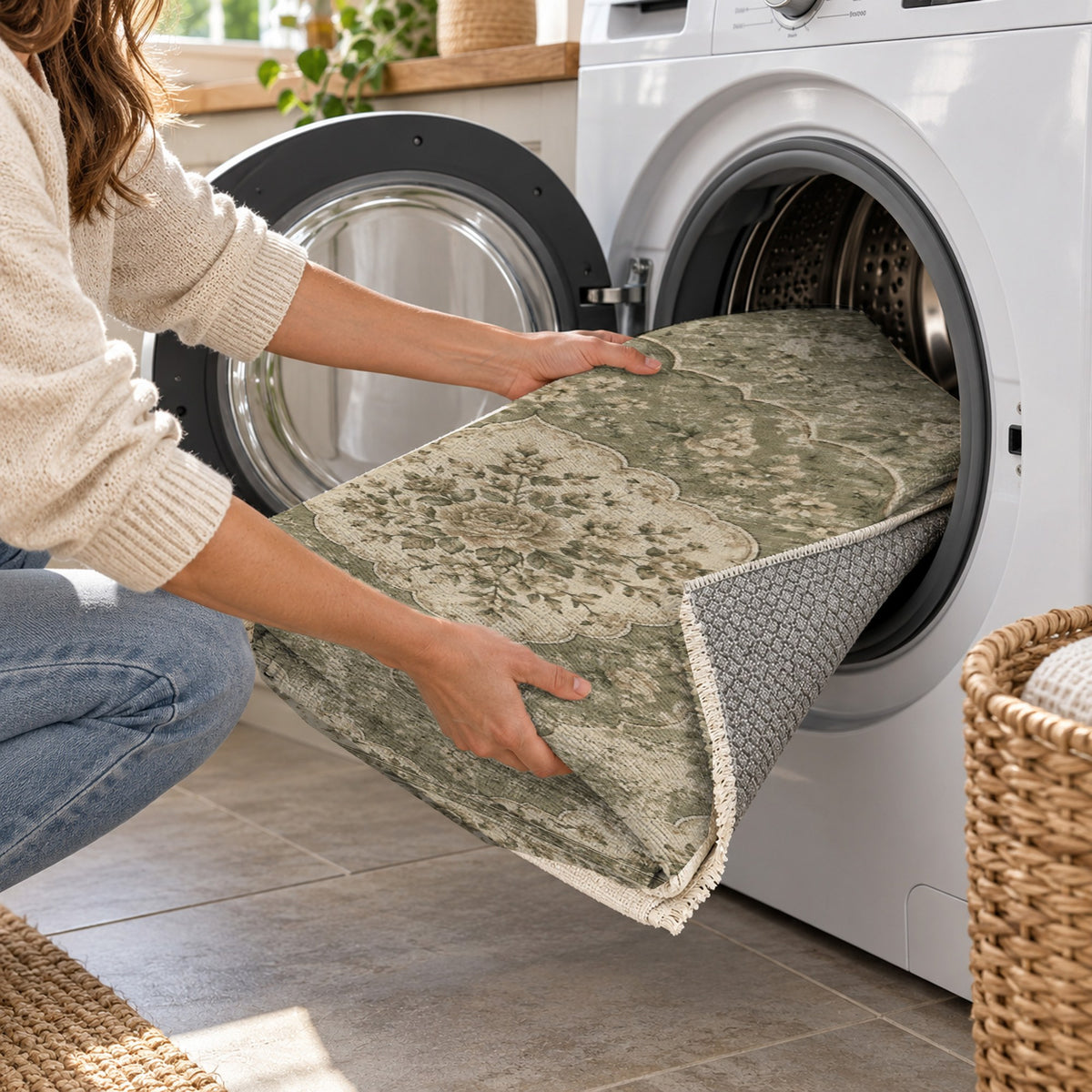 Rose Archive Olive Green Vintage Washable Rug — washing machine