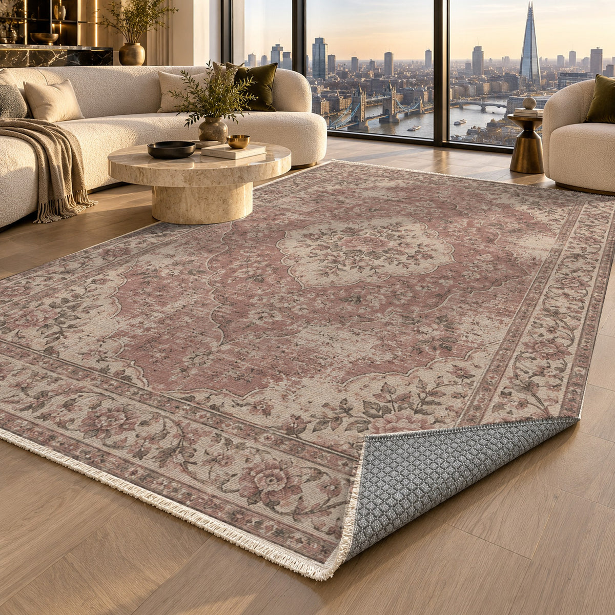 Rose Archive Rose Pink Vintage Washable Rug — london luxury living