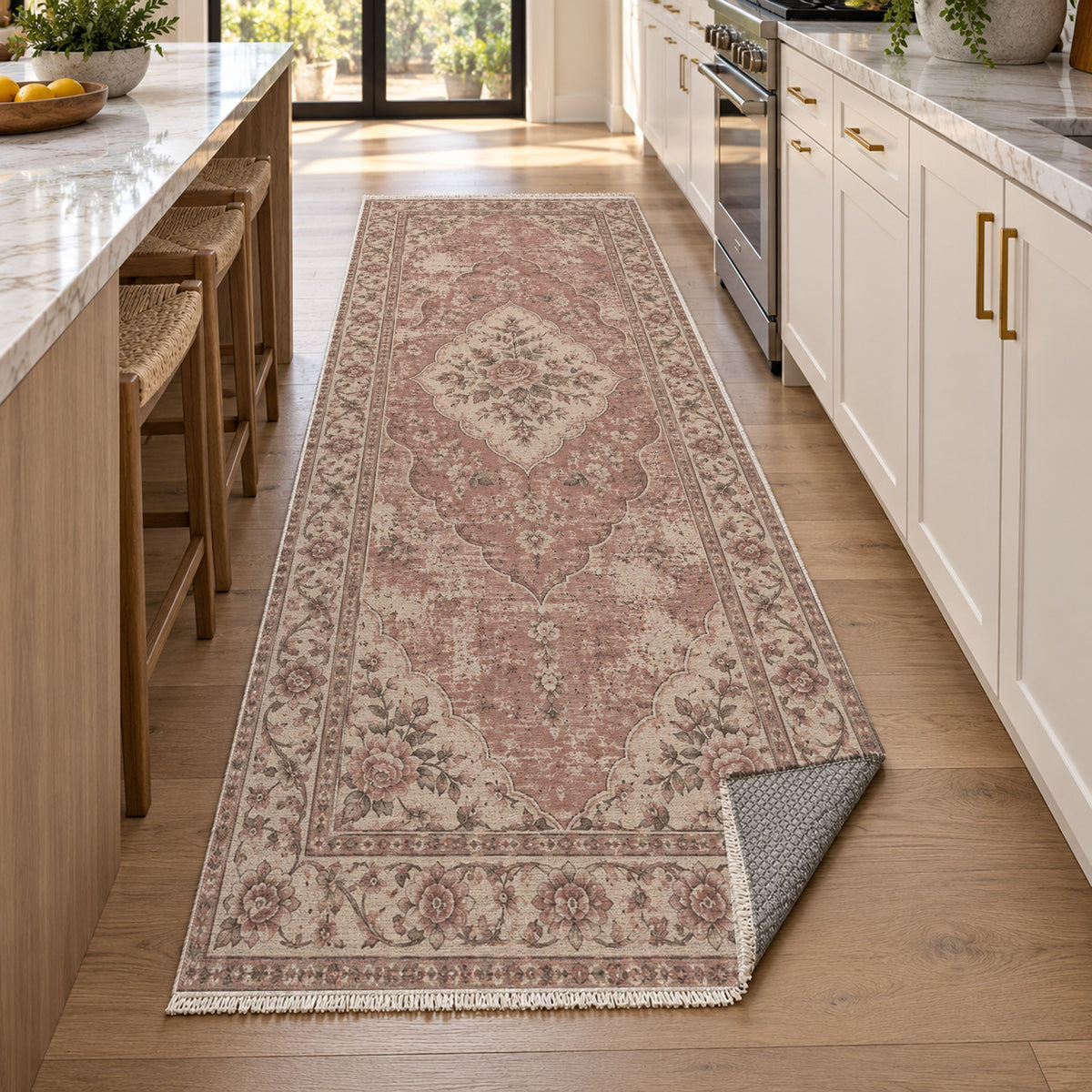 Rose Archive Rose Pink Vintage Washable Rug — new york kitchen runner