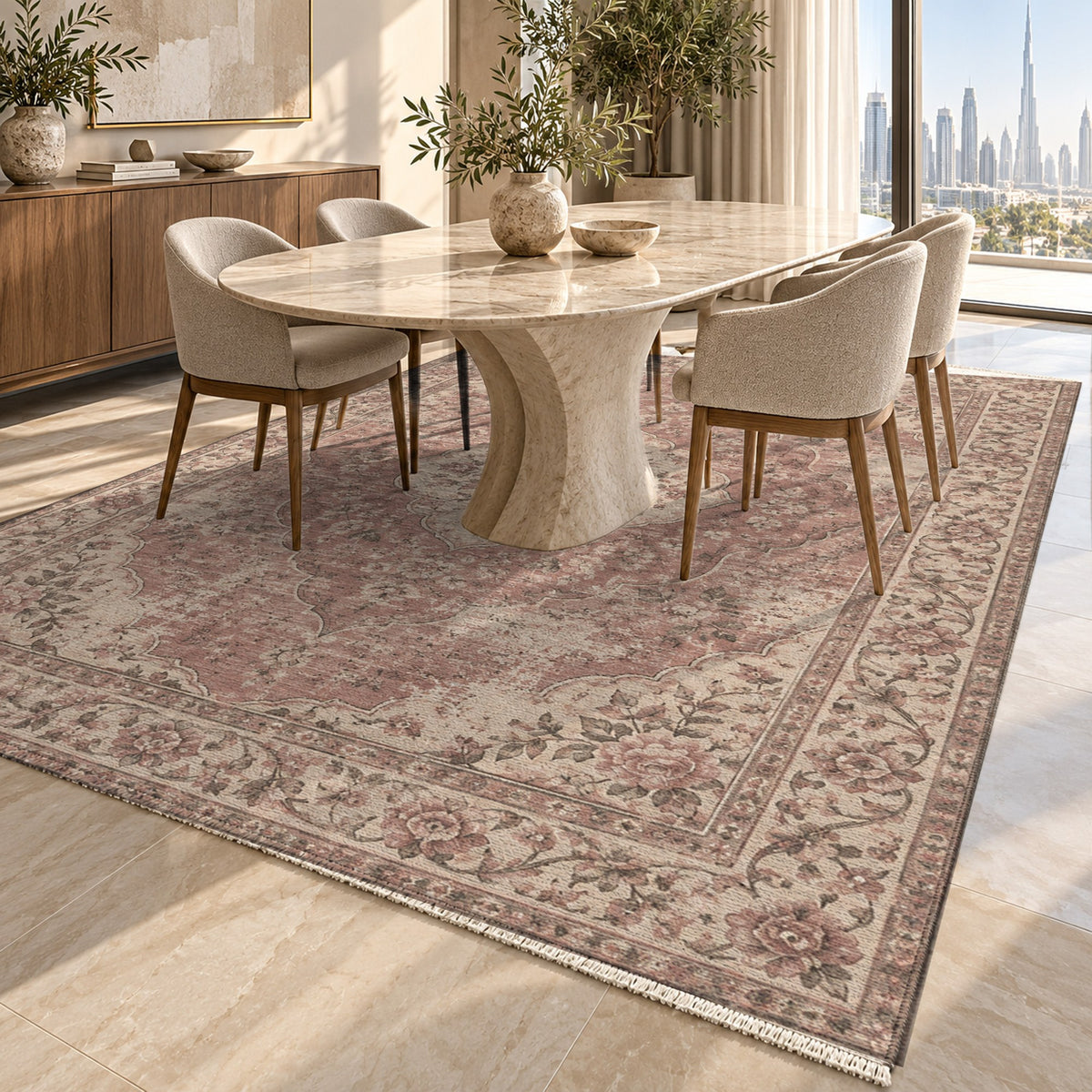 Rose Archive Rose Pink Vintage Washable Rug — dubai dining