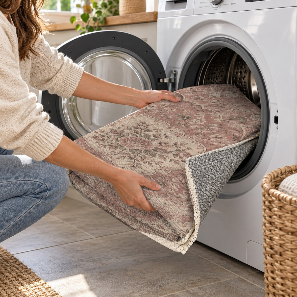 Rose Archive Rose Pink Vintage Washable Rug — washing machine
