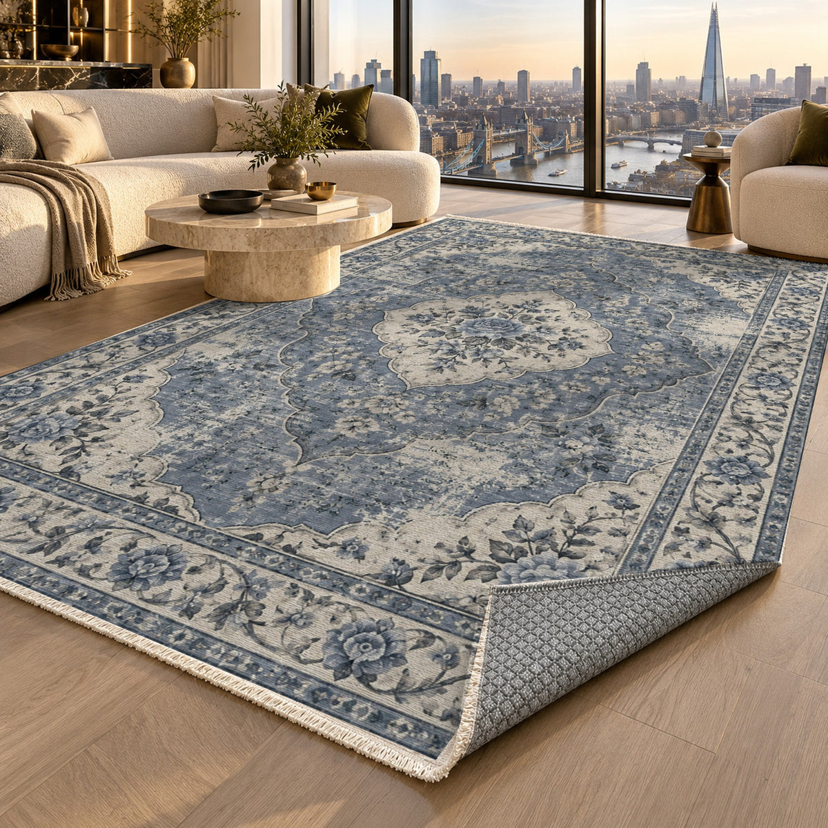 Rose Archive Slate Blue Vintage Washable Rug — london luxury living