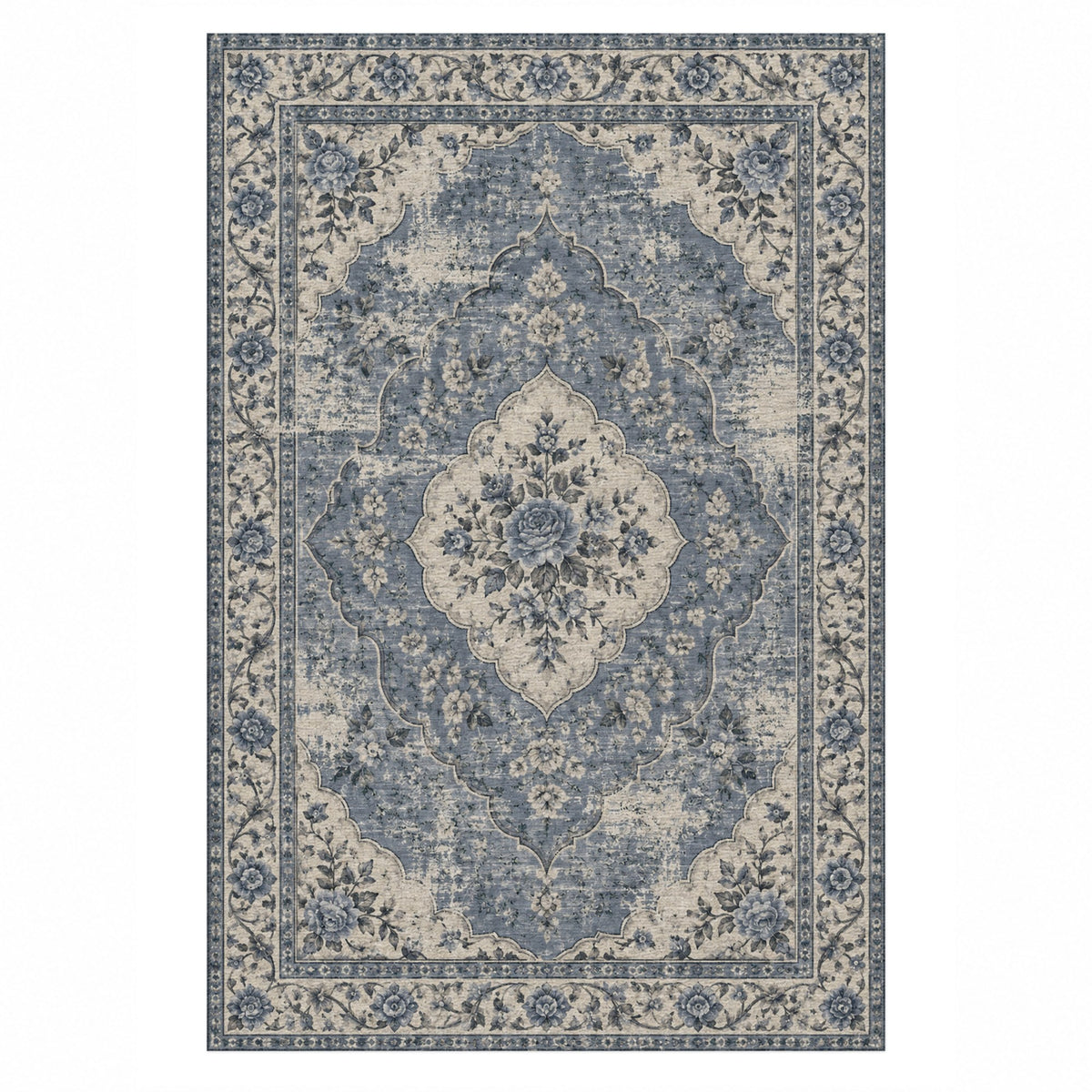 Rose Archive Slate Blue Vintage Washable Rug — top view