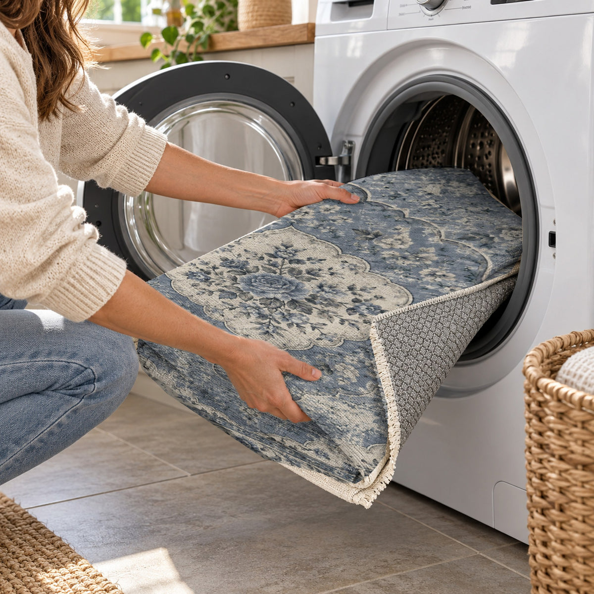 Rose Archive Slate Blue Vintage Washable Rug — washing machine