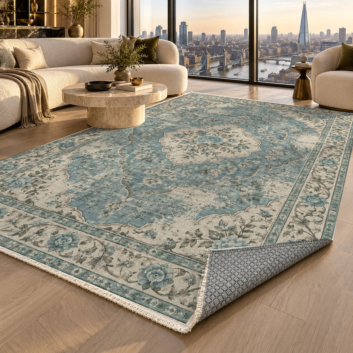 Rose Archive Turquoise Blue Vintage Washable Rug — london luxury living