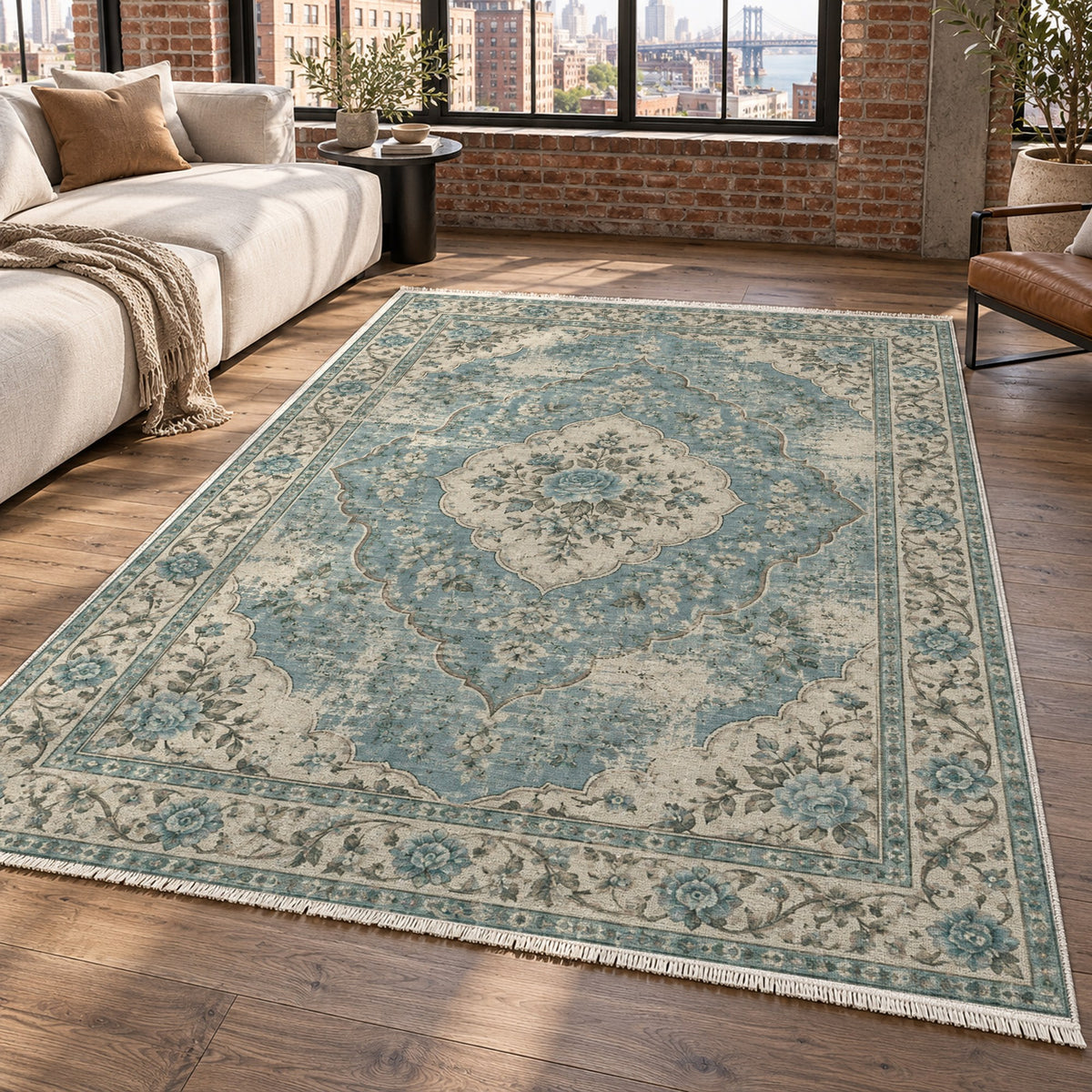 Rose Archive Turquoise Blue Vintage Washable Rug — new york living
