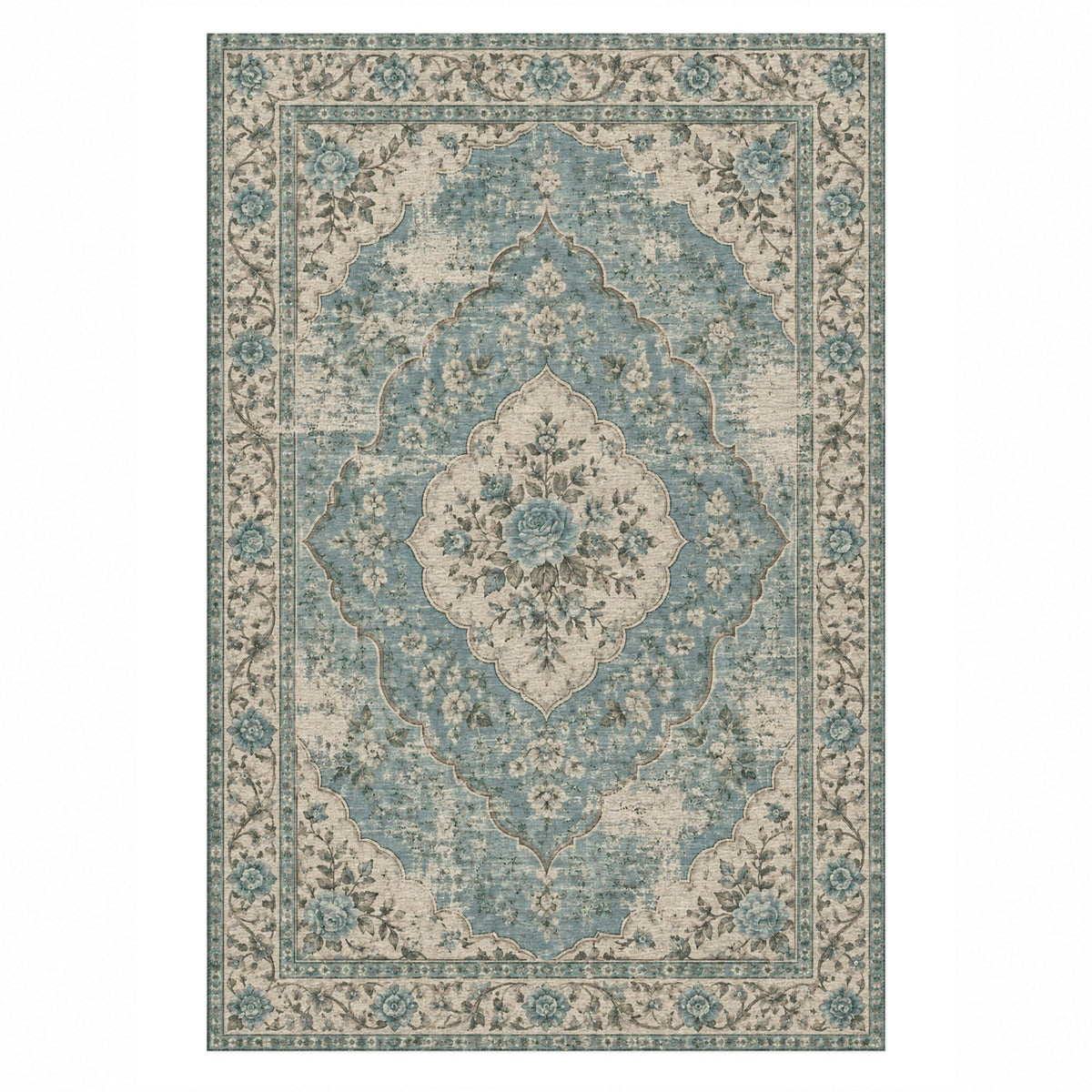 Rose Archive Turquoise Blue Vintage Washable Rug — top view