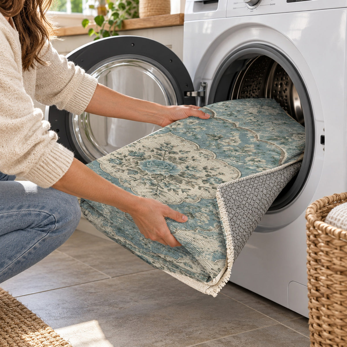 Rose Archive Turquoise Blue Vintage Washable Rug — washing machine