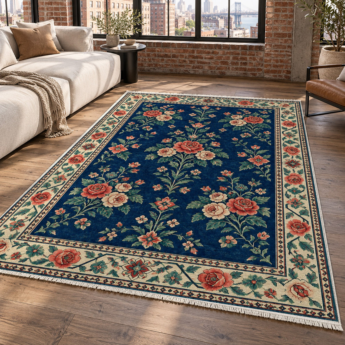 Rose Bouquet Indigo Rose Ethnic Washable Rug — new york living