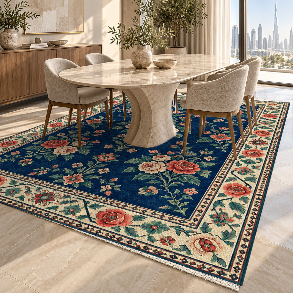 Rose Bouquet Indigo Rose Ethnic Washable Rug — dubai dining