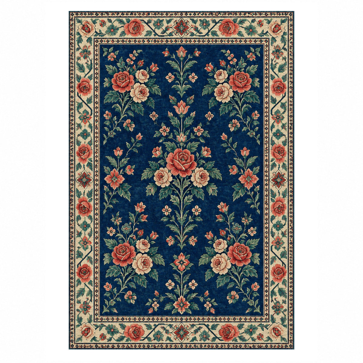 Rose Bouquet Indigo Rose Ethnic Washable Rug — top view