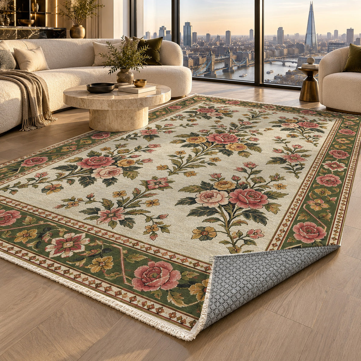 Rose Bouquet Ivory Olive Ethnic Washable Rug — london luxury living