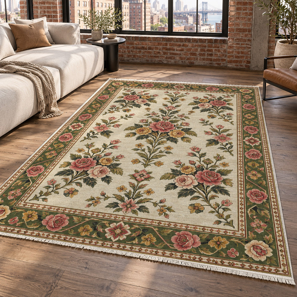 Rose Bouquet Ivory Olive Ethnic Washable Rug — new york living