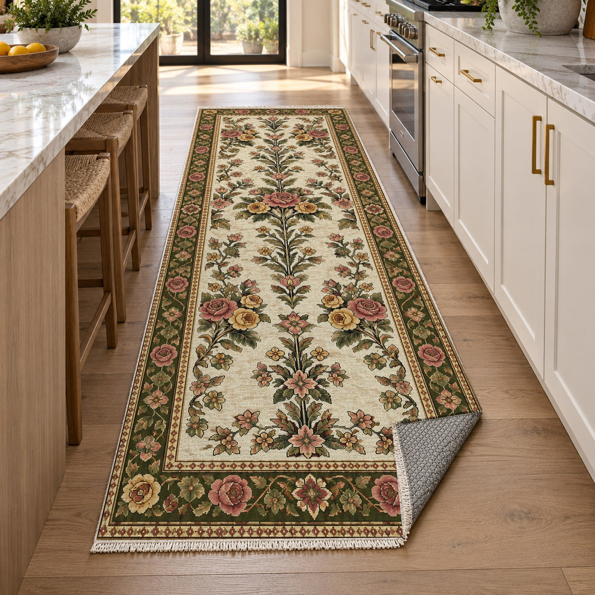Rose Bouquet Ivory Olive Ethnic Washable Rug — new york kitchen runner