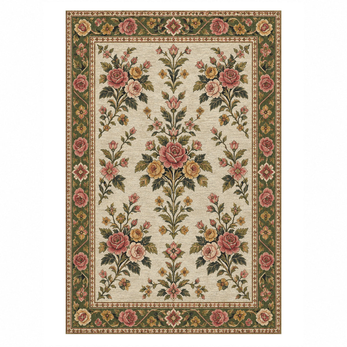 Rose Bouquet Ivory Olive Ethnic Washable Rug — top view