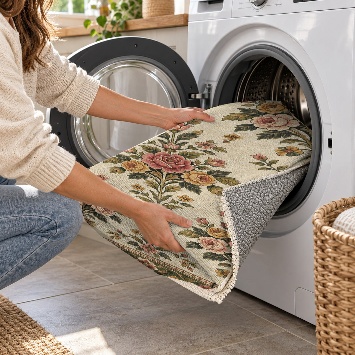 Rose Bouquet Ivory Olive Ethnic Washable Rug — washing machine