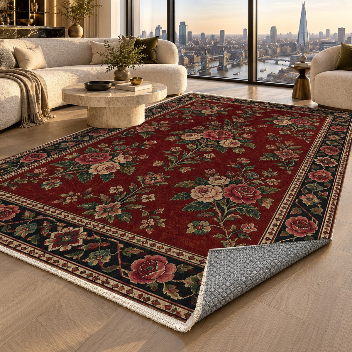 Rose Bouquet Ruby Midnight Ethnic Washable Rug — london luxury living