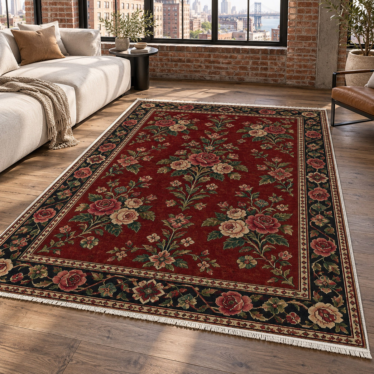 Rose Bouquet Ruby Midnight Ethnic Washable Rug — new york living