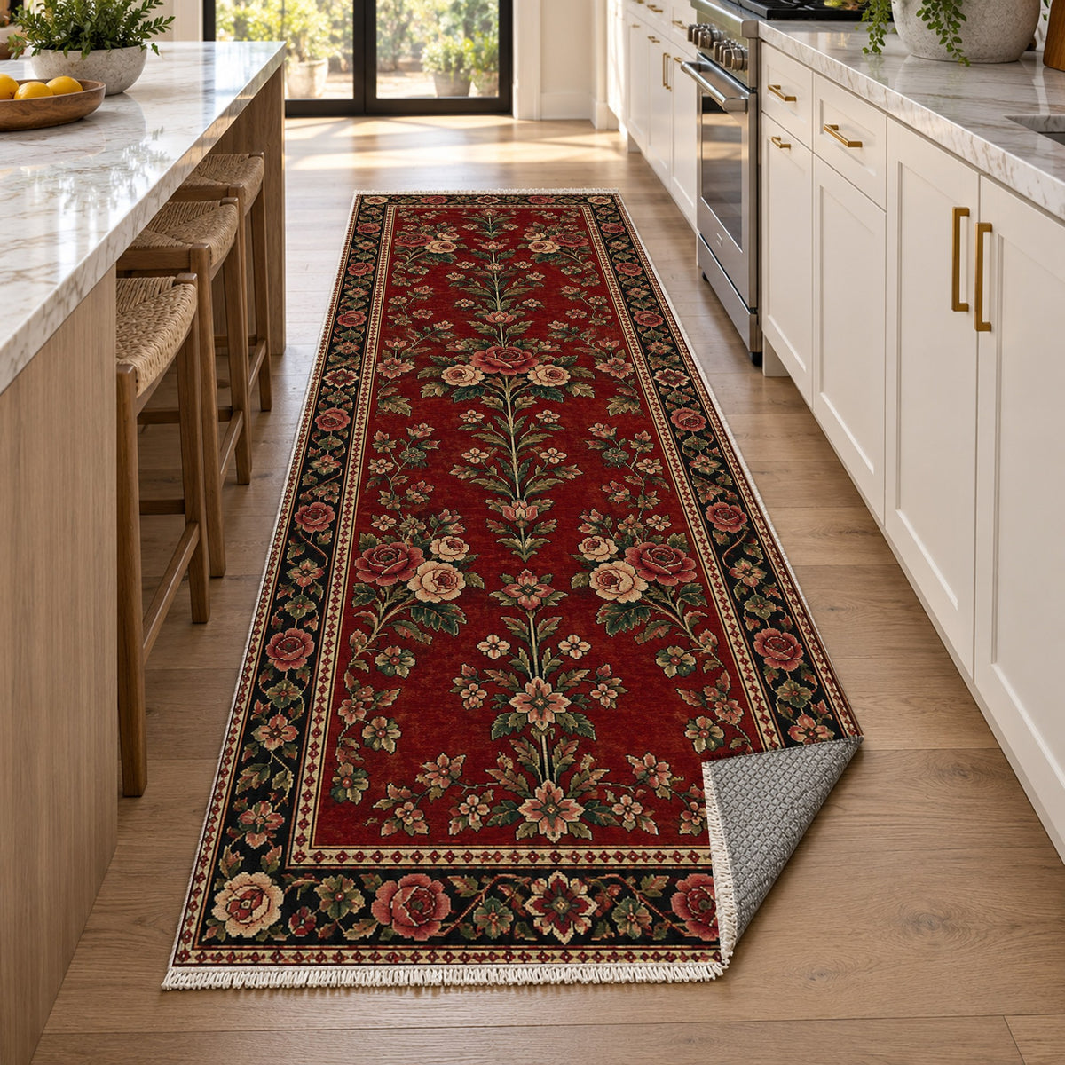 Rose Bouquet Ruby Midnight Ethnic Washable Rug — new york kitchen runner