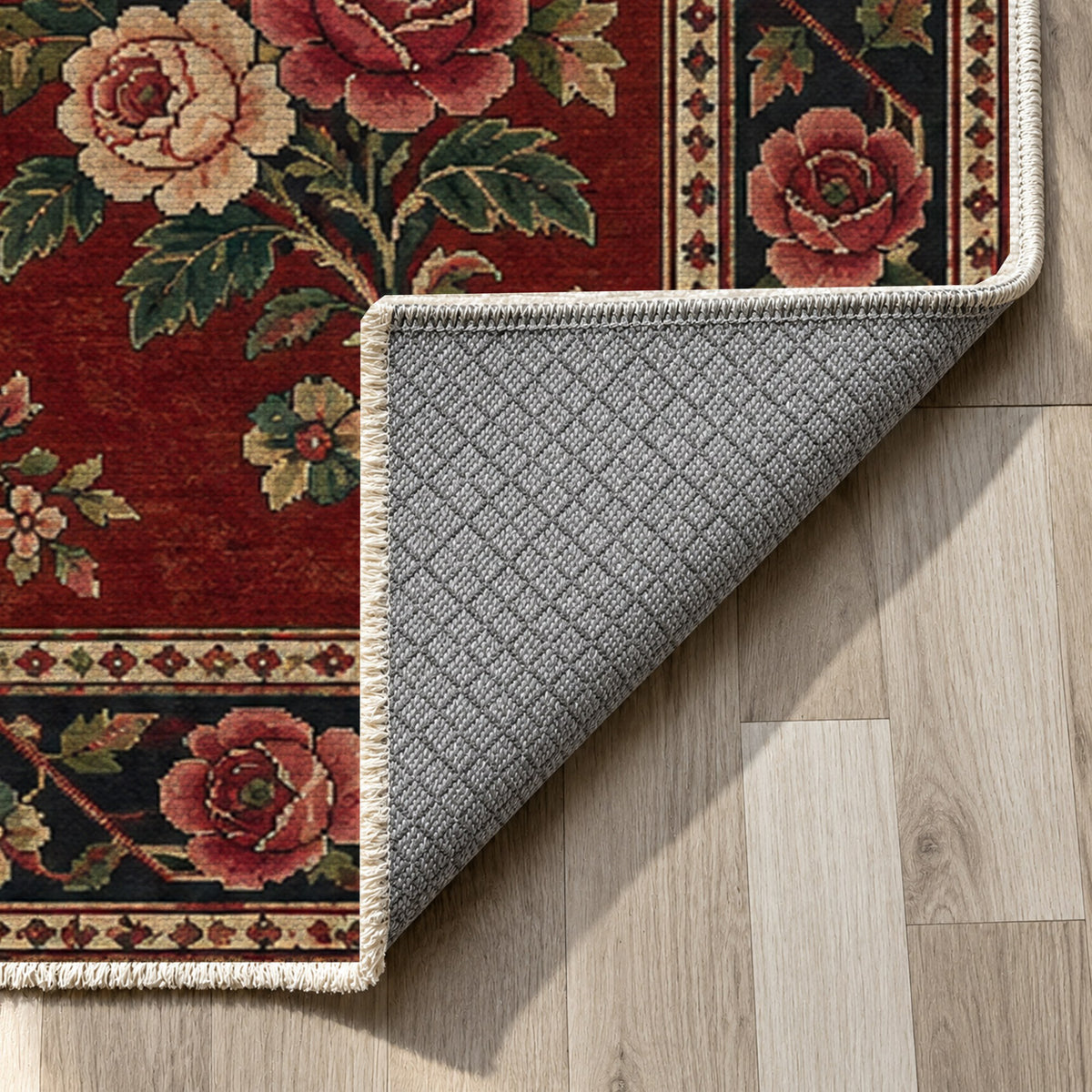 Rose Bouquet Ruby Midnight Ethnic Washable Rug — backing close up