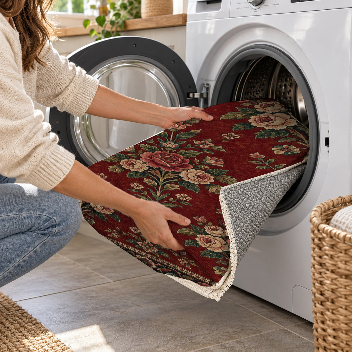 Rose Bouquet Ruby Midnight Ethnic Washable Rug — washing machine