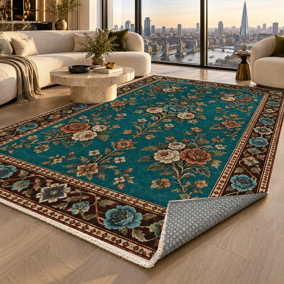 Rose Bouquet Turquoise Copper Ethnic Washable Rug — london luxury living