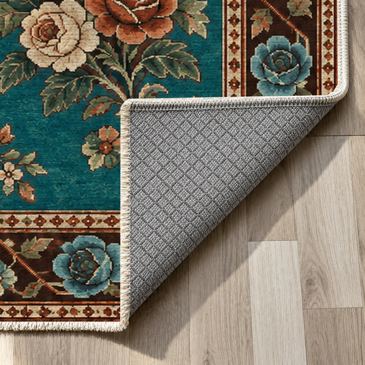 Rose Bouquet Turquoise Copper Ethnic Washable Rug — backing close up