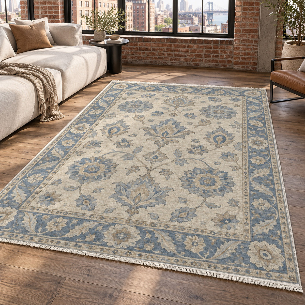Rosette Symphony Blue Ivory Classic Washable Rug — new york living