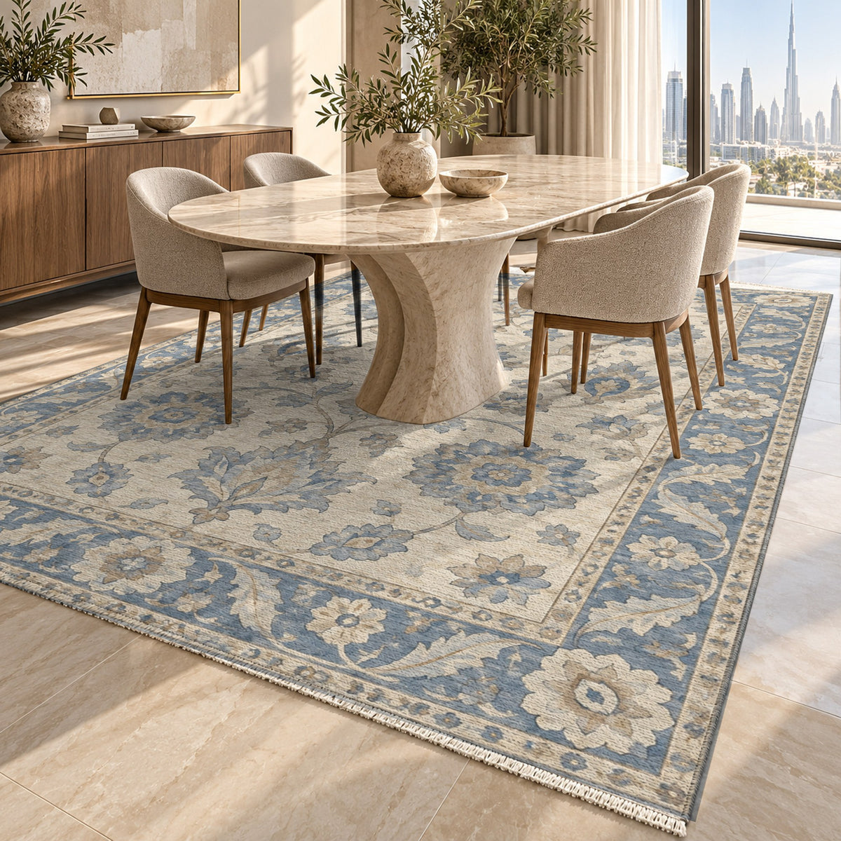 Rosette Symphony Blue Ivory Classic Washable Rug — dubai dining