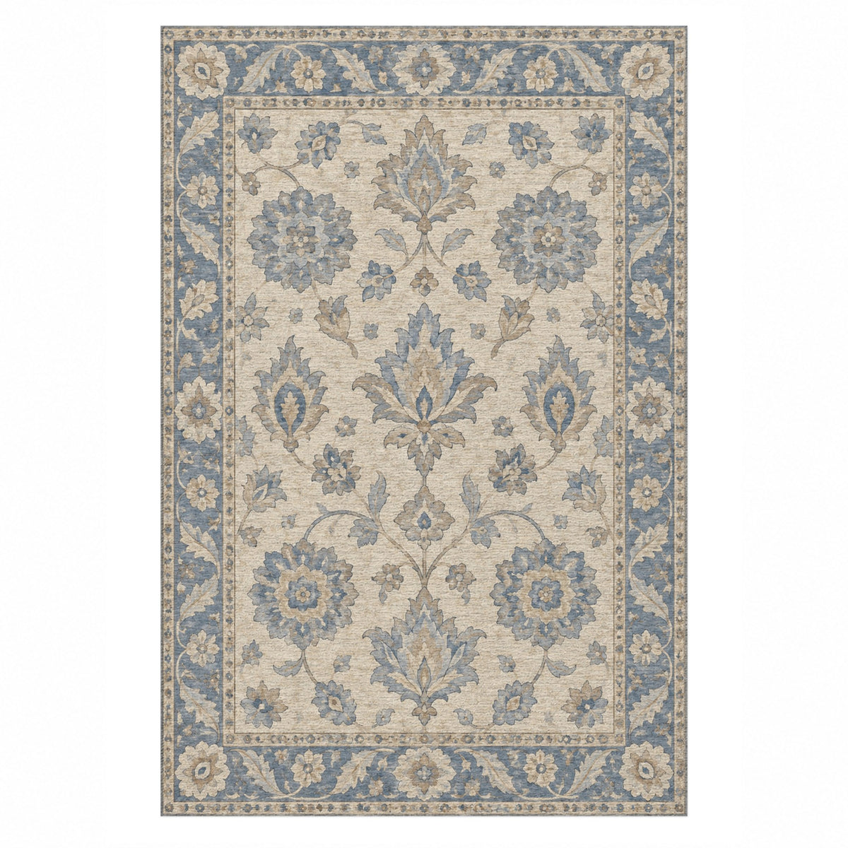 Rosette Symphony Blue Ivory Classic Washable Rug — top view