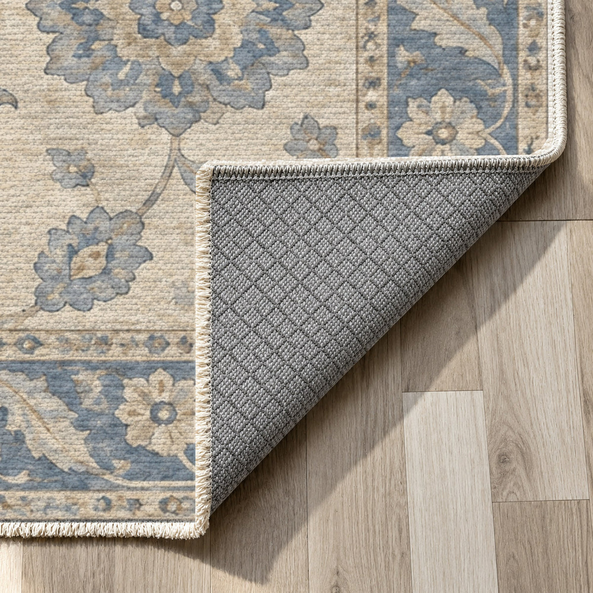 Rosette Symphony Blue Ivory Classic Washable Rug — backing close up